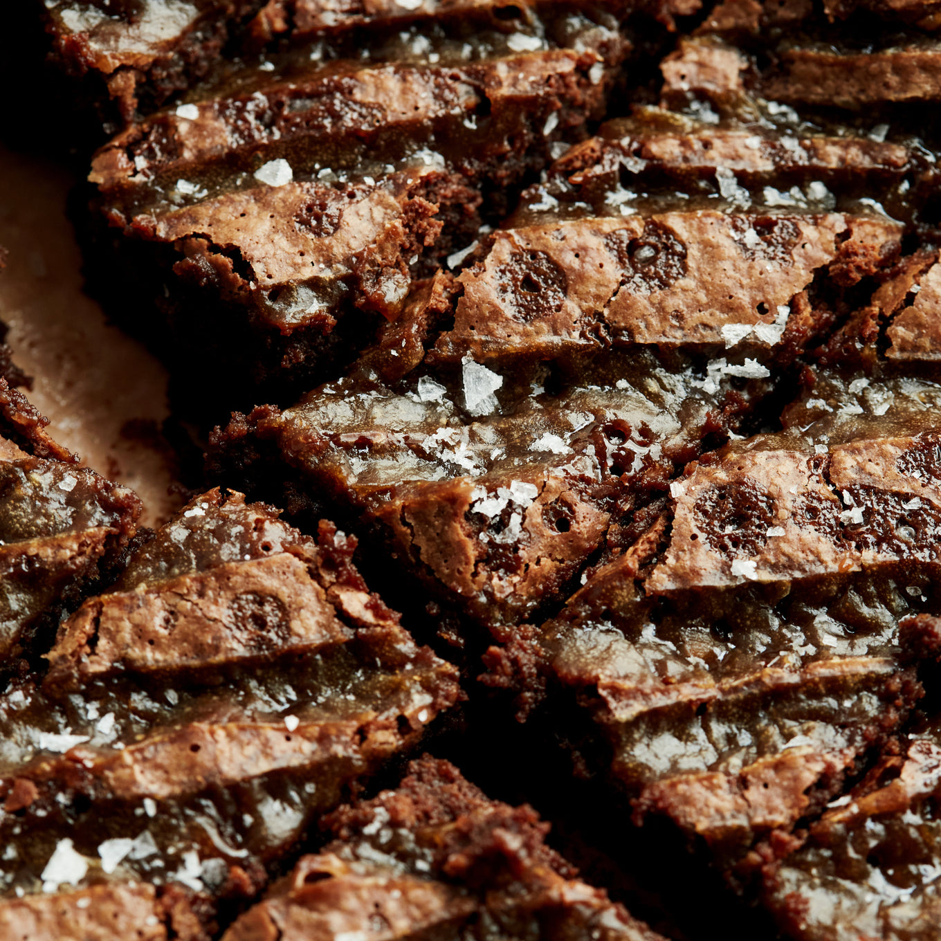 Exploding Bakery Salted Caramel Brownie Traybake close up.